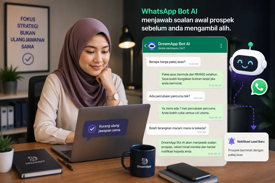 Visual kerja penerangan berulang yang dikurangkan dengan WhatsApp Bot